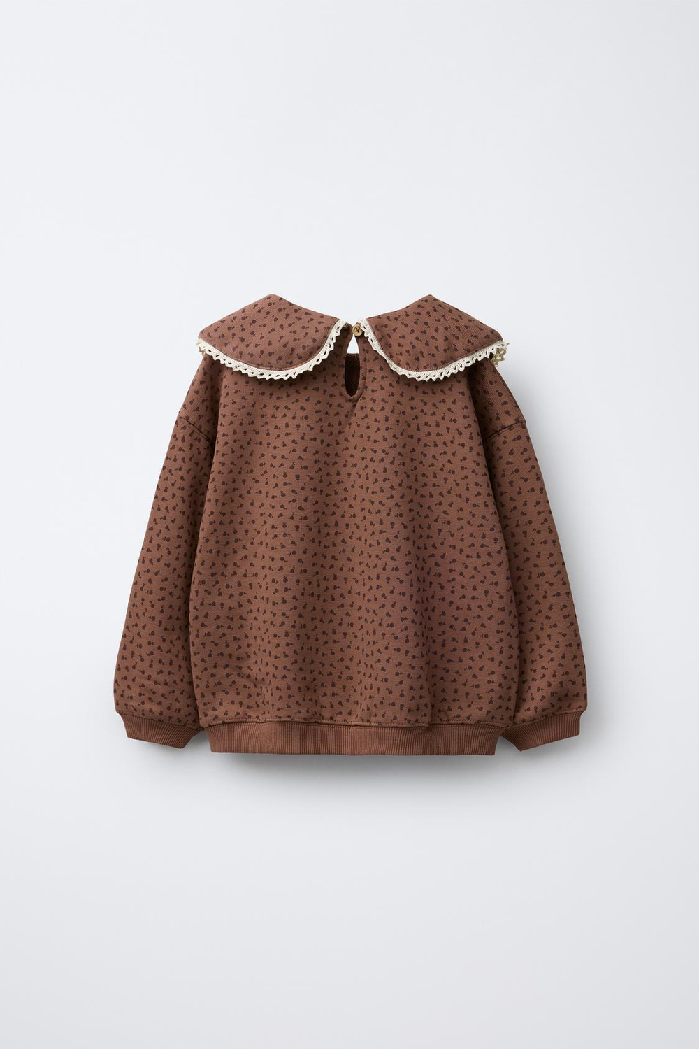 ZARA ТОЛСТОВКА С ПРИНТОМ, ОТЛОЖНЫМ ВОРОТНИКОМ И КРУЖЕВОМ, ШОКОЛАДНЫЙ