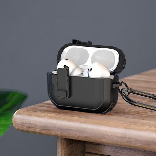 Усиленный чехол черного цвета от Dux Ducis для наушников AirPods 4, серия PECP Series Case, в комплекте с карабином