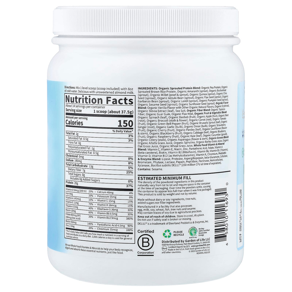 Garden of Life, RAW органический коктейль для замены приема пищи, со вкусом ванили, 525 г (18,52 унции)