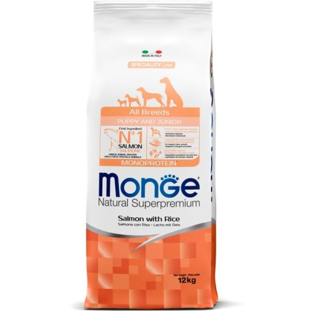 MONGE ALL BREEDS P&J Сухой корм для щенков и юниоров всех пород с лососем и рисом, 12 кг.