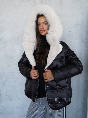 Черный пуховик с белым воротником из меха песца