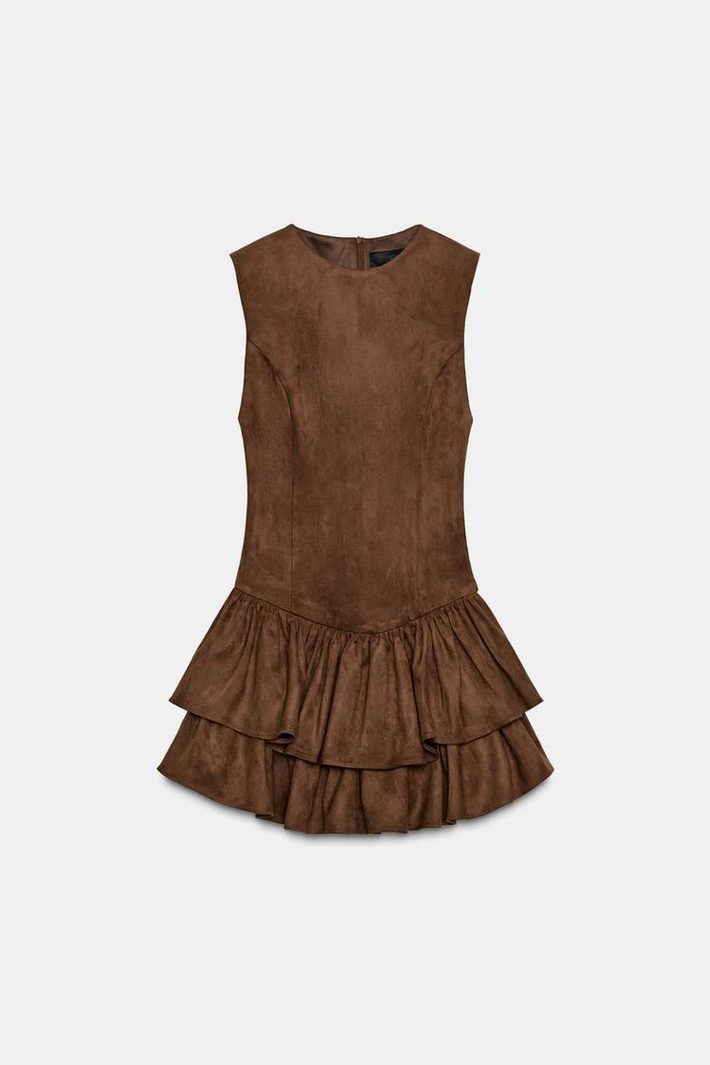 ZARA КОРОТКОЕ ПЛАТЬЕ ИЗ ИСКУССТВЕННОЙ ЗАМШИ С ВОЛАНАМИ, ТЕМНО-КОРИЧНЕВЫЙ