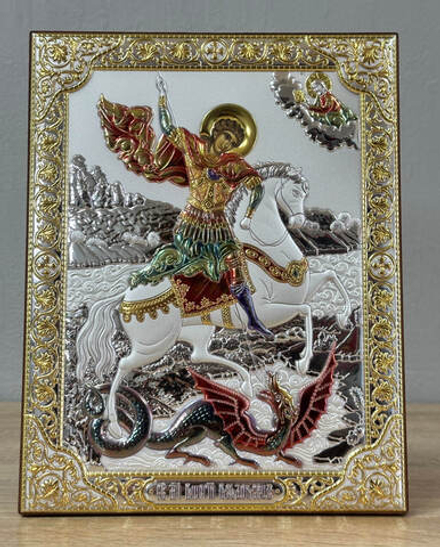 Георгий Победоносец, икона прямоугольная без рамки, красное дерево, эмаль 150х200