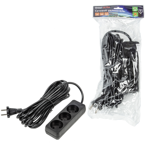 S-CU3-7 BLACK Удлинитель серии Ultra, шнур 7м., 3 гнезда, 10A, б/з. Черный. TM Uniel