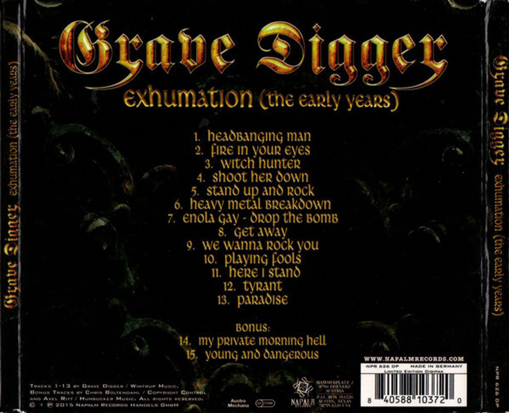 GRAVE DIGGER - Exhumation - The Early Years - Limited First Edition 4 Page Digipack & 2 New / Bonus Tracks, музыкальный компакт диск