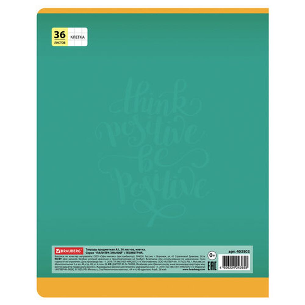 Тетрадь предметная ПАЛИТРА ЗНАНИЙ 36 листов, обложка мелованная бумага, ГЕОМЕТРИЯ, клетка, BRAUBERG, 403503