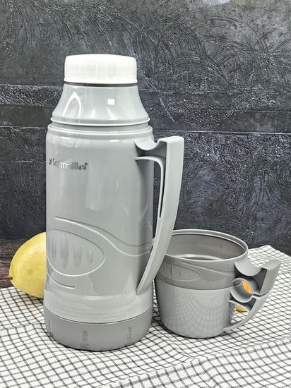 Термос 1 л. со стеклянной колбой Kamille KM 2031 пластиковый, 2 чашки