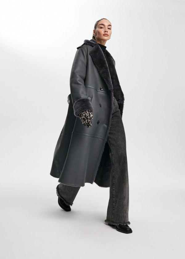 Дубленка-пальто серая