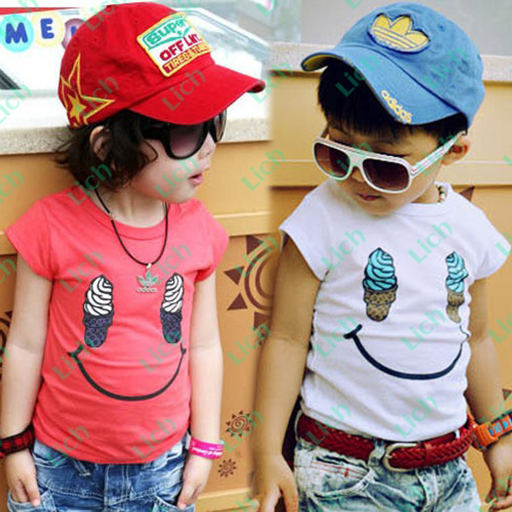 Футболка детская однотонная с контрастным принтом смайлика