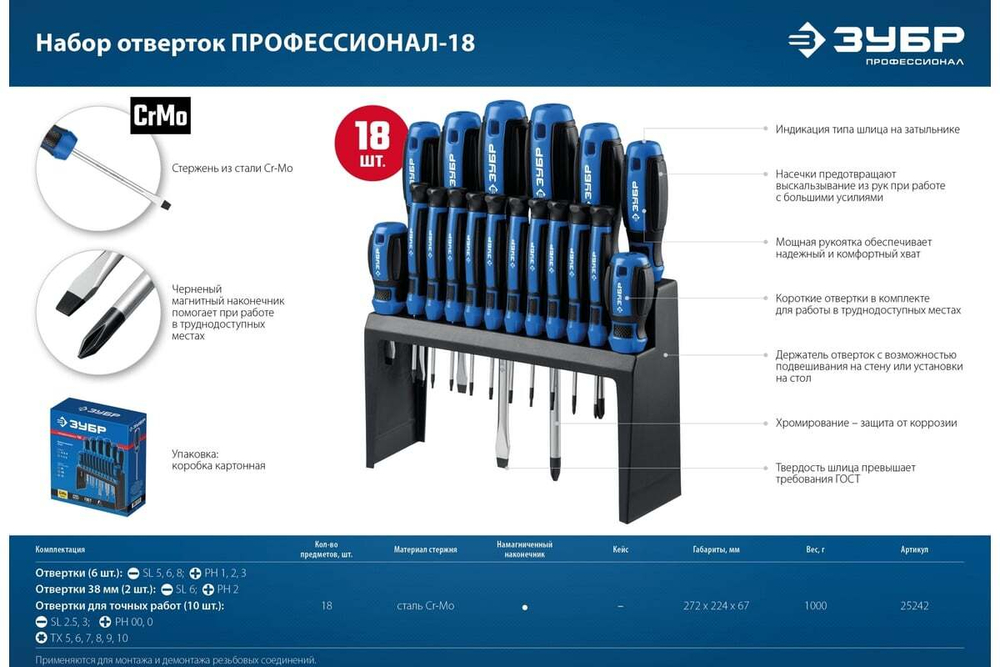 Набор отверток ЗУБР Профессионал-18 в держателе, 18 шт. 25242