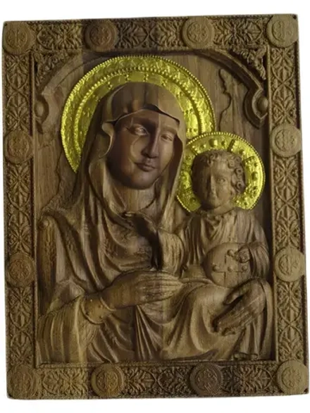 Освященная Икона Иерусалимской Божией Матери резная из дуба