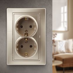 Розетка Intro Plano 1-205-04 с заземлением двойная 2X2P+E Schuko, 16А-250В, IP20, СУ, шампань