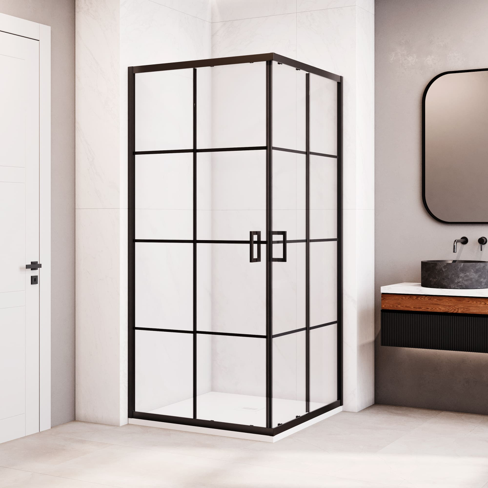 Душевой уголок квадратный с раздвижными дверями - RGW PA-34B (Рисунок-черный принт (по периметру профиль), 900x900)