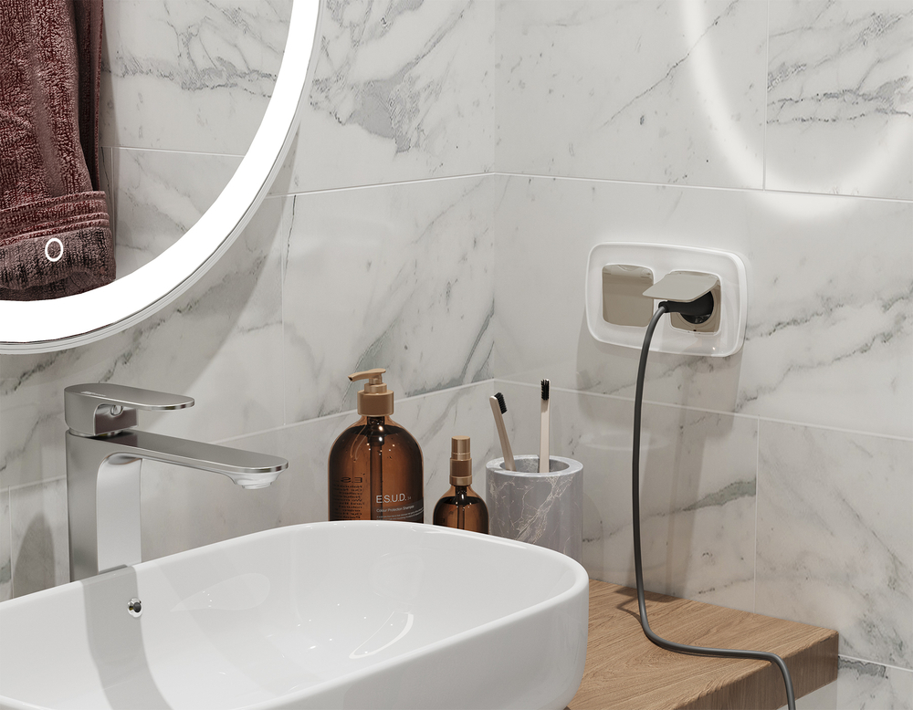 MO368010 Комплект механизма электрической розетки OMEGA Серо-бежевый матовый с/з с шторками и крышкой IP44 QUANT (OP3680, VM141)