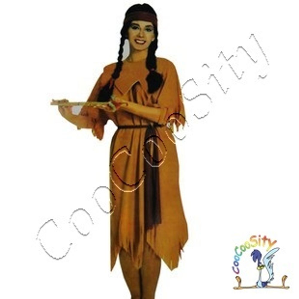 Коричневый костюм индейской девушки р-р S-M (платье, украшенное бахромой, жабо, повязка на голову, пояс)