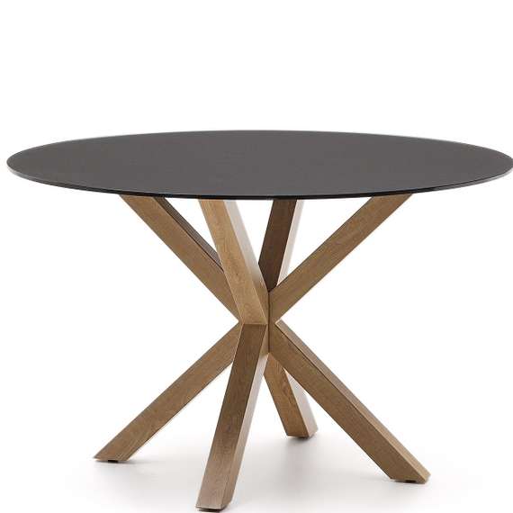 Стол Argo Ø120 см, матовое черное стекло, стальные ножки под дерево