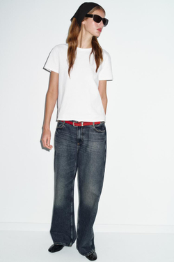 ZARA ХЛОПКОВАЯ ФУТБОЛКА В СТИЛЕ РУСТИК, БЕЛЫЙ