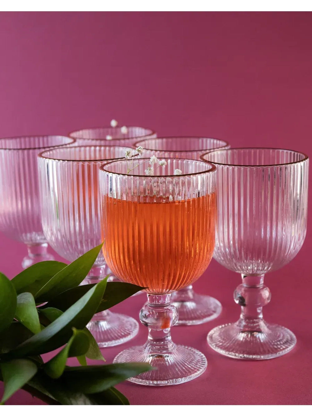 Набор ребристых бокалов вина, 380 мл. 6 шт. с золотой каймой