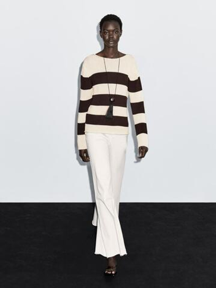 Massimo Dutti Трикотажный свитер в полоску из 100% хлопка, натуральный, кремовый