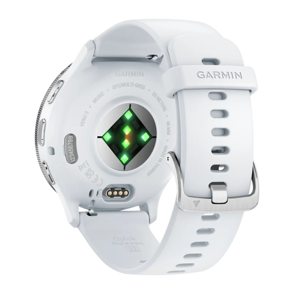 Спортивные часы Garmin Venu 3, 45 мм, силиконовый ремешок цвета «Уайтстоун» Безель из нержавеющей стали серебристого цвета, корпус цвета «Уайтстоун», AMOLED-дисплей со стеклом Gorilla Glass. Ремешок с классической застёжкой — на запястье обхватом 135–200