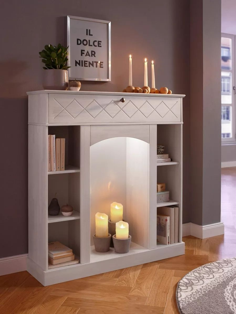 Камин декоративный Абау, стеллаж с ящиком из массива сосны, полка декоративная с подсветкой, белый