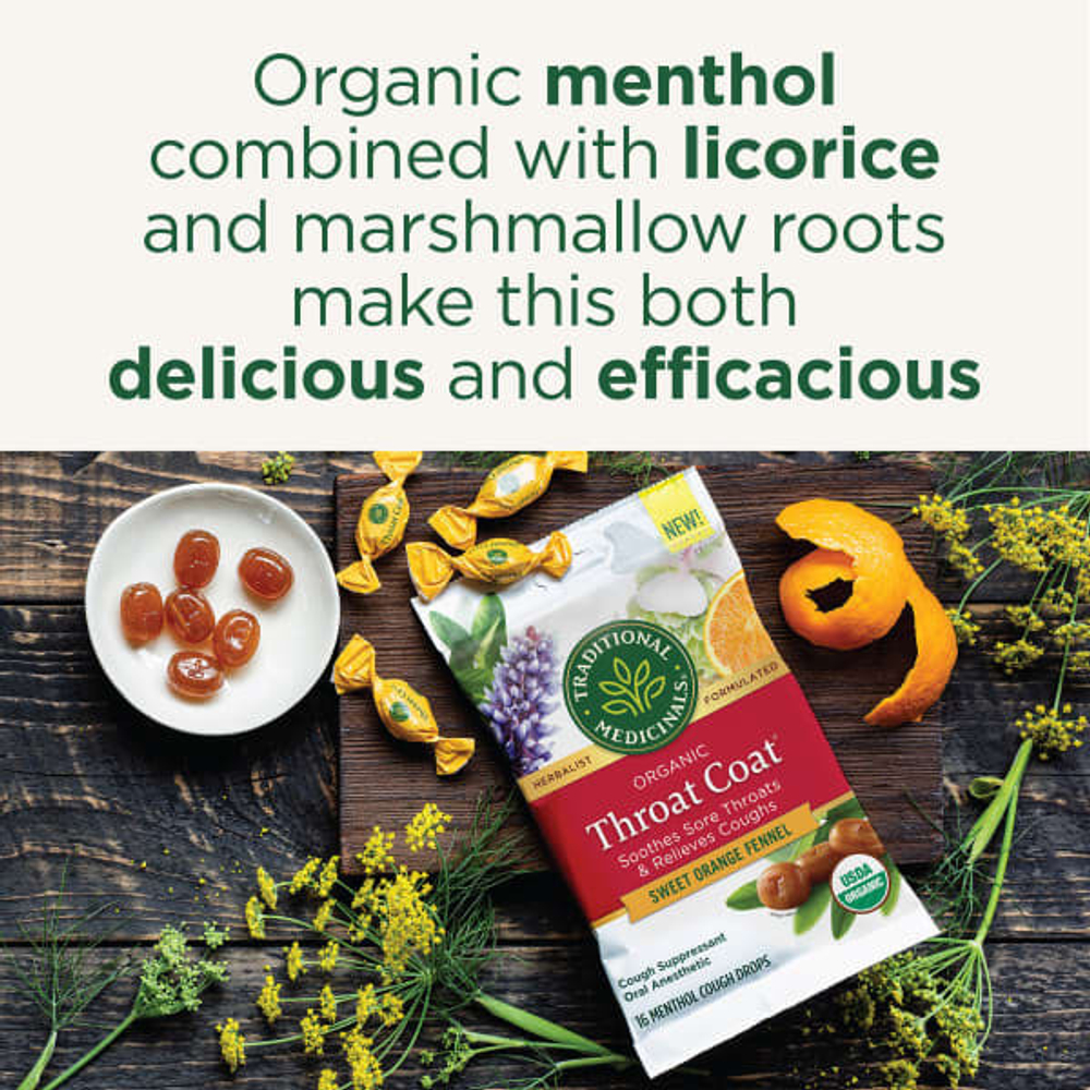 Traditional Medicinals, Organic Throat Coat®, сладкий апельсин и фенхель, 16 леденцов от кашля с ментолом