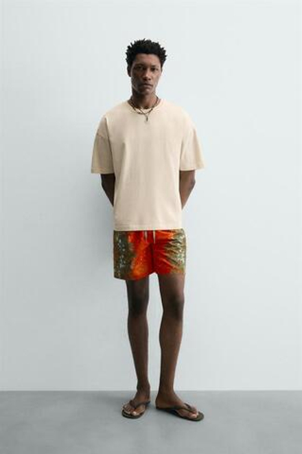 ZARA ДЛИННЫЕ ПЛАВКИ С ЦВЕТОЧНЫМ ПРИНТОМ, КОРАЛЛОВЫЙ