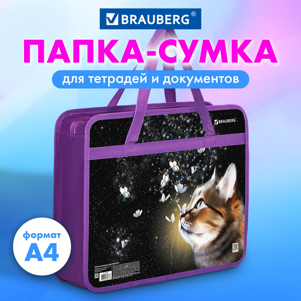 Папка на молнии с ручками BRAUBERG А4 1 отделение пластик 80 мм "Dream cat" (3 штуки в упаковке)