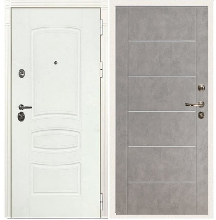 Входная дверь белая Лекс Император 3К Белая шагрень  №80 Бетон серый (светлый) 10мм,молдинги хром