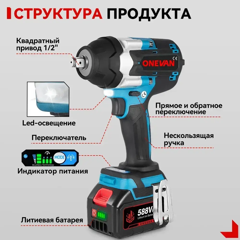 Бесщеточный гайковерт аккумуляторный ударный ONEVAN с крутящим моментом 1800 Нм 1/2 дюйма Электроинструмент для аккумулятора 21 В