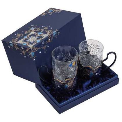Set of two tea glass holders with zhostovo metal tray in a gift box SET05D10052023001