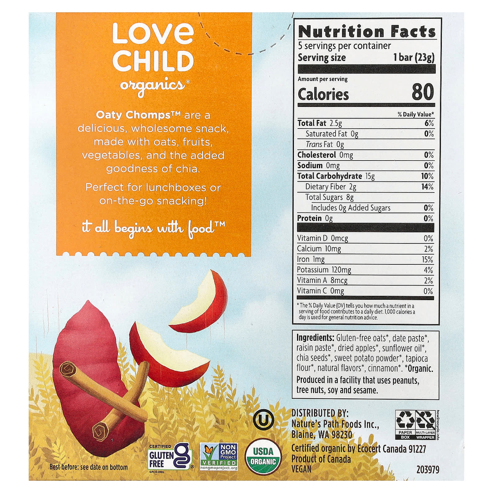Love Child Organics, Nature's Path, органические батончики Oaty Chomps™, для детей от 12 месяцев, яблоко и батат, 5 батончиков в индивидуальной упаковке, 23 г (0,8 унции)