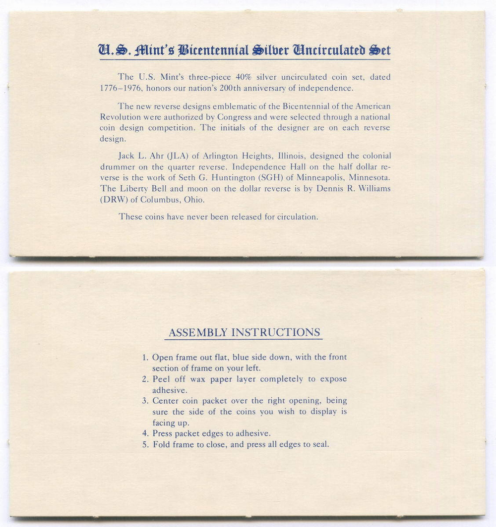 Набор 1, 1/2 и 1/4 доллара 1976 год (S). США. 200-летие Декларации независимости. Серебро. UNC в родной запайке и конверте