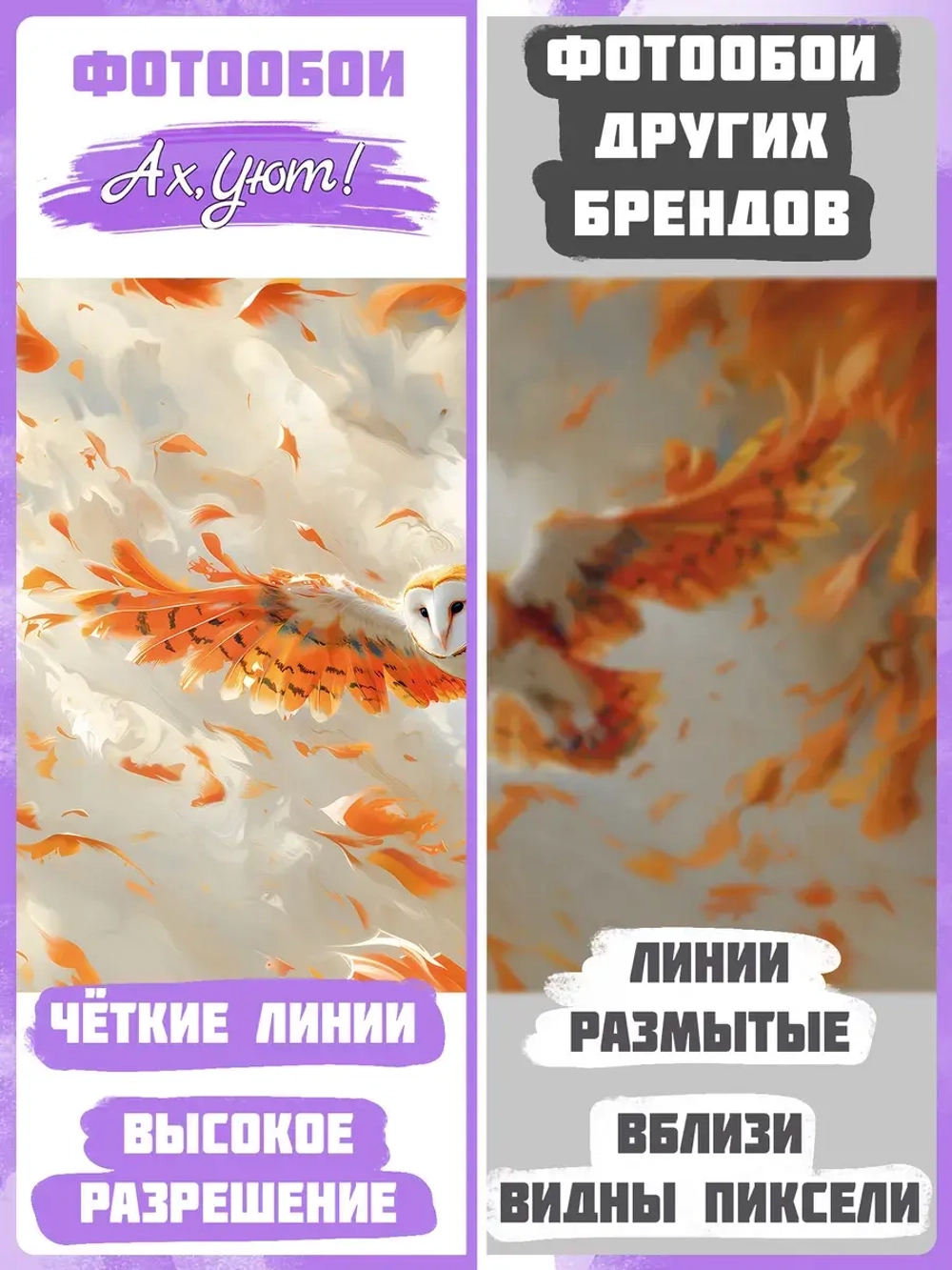 Фотообои в стиле Бохо "Сова оранжевая в сером небе и перья"