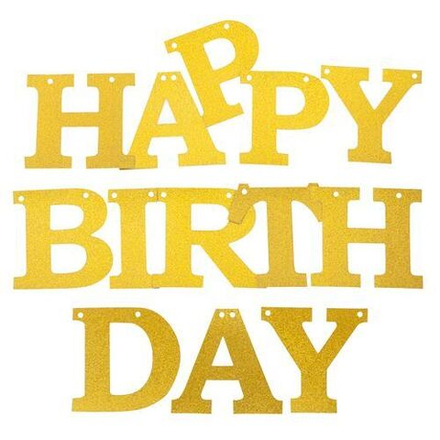 Гирлянда Happy Birthday, Золото, с блестками, 15*180 см, 1 шт.