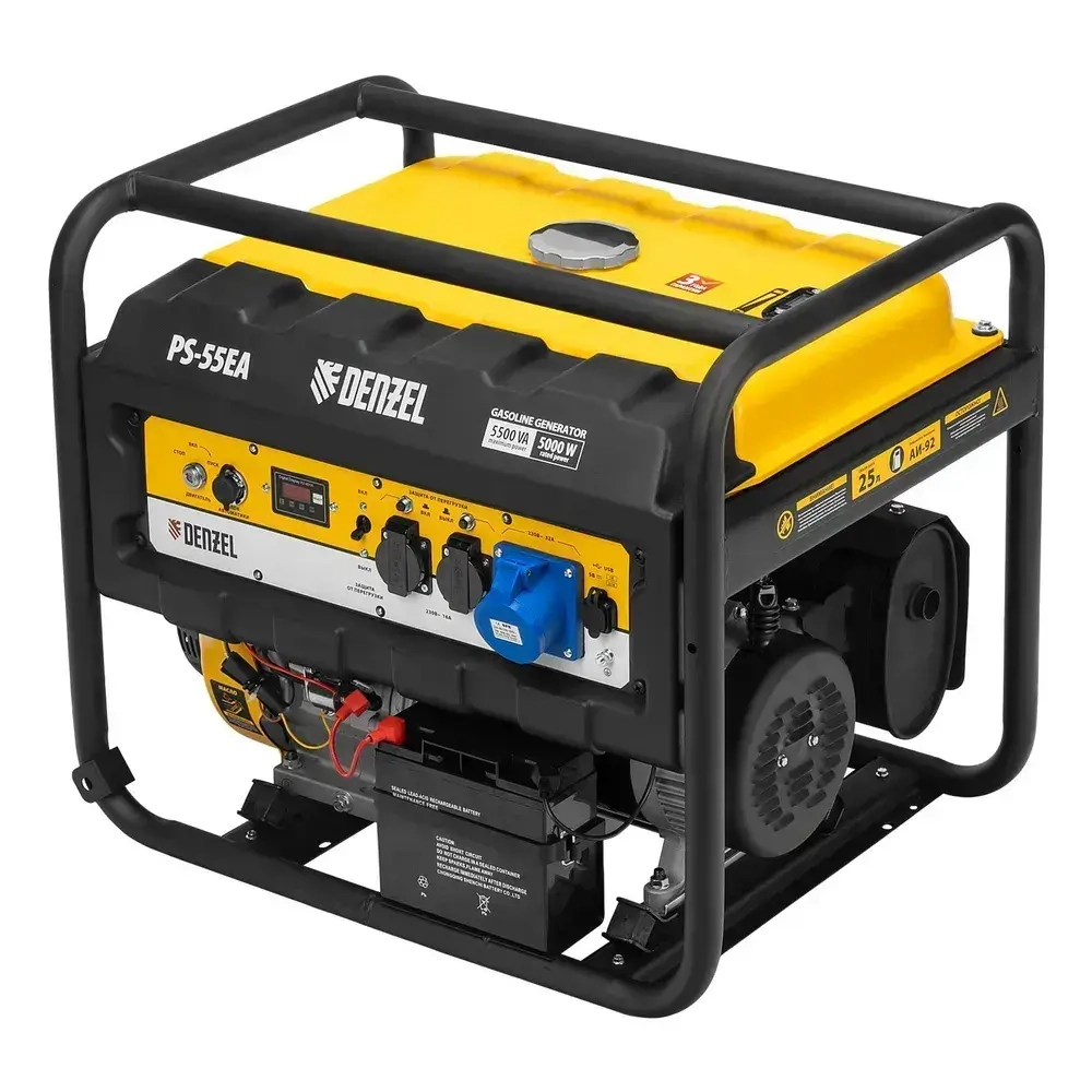 Генератор бензиновый DENZEL PS 55 EA, 5.5 кВт мощность и 420 см3 объем двигателя, 25 л объем топливного бака, электростартер и блок AVR, 3 розетки и выход USB 5 В, 946874