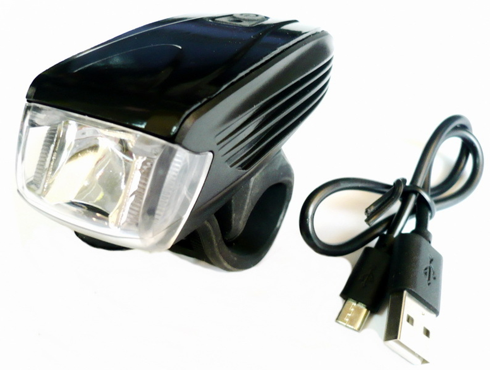 Фара передняя, 1 светодиод, 300 Lm, 5 режимов, черная с оранж кнопкой, USB зарядка аккум 1200мАч, ин