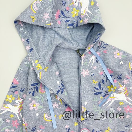 Толстовка на молнии "Единороги в цветах" из футера, серо-голубая
