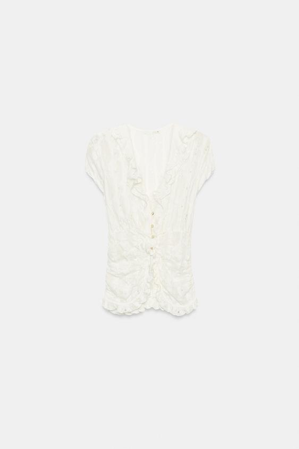 ZARA БЛУЗА С ВОЛАНАМИ И ПРОРЕЗЯМИ, ЖЕЛТОВАТО-БЕЛЫЙ