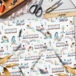 Ткань флис акварельные паровозики