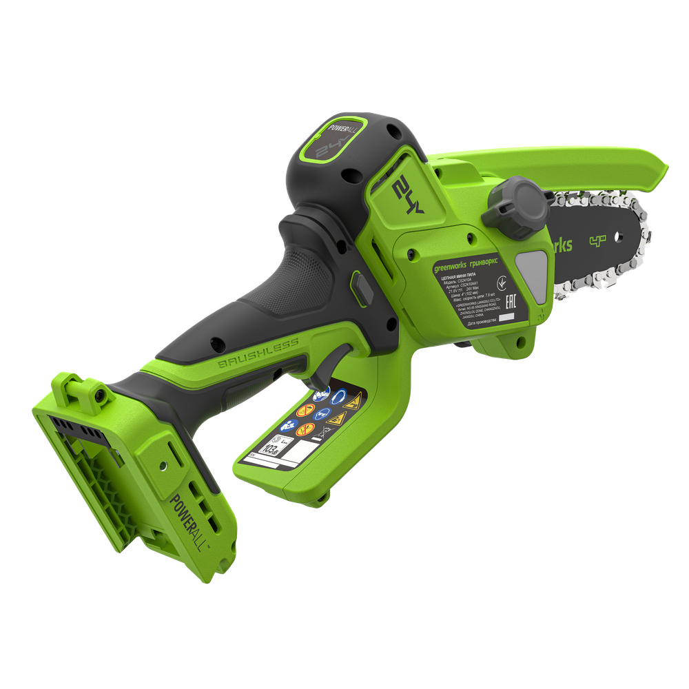 Цепная мини пила аккумуляторная Greenworks CS2410A, 24V, 10см, бесщёточная, с автоматической смазкой цепи, c 1хАКБ 2Ач и ЗУ (CS2410AUA)