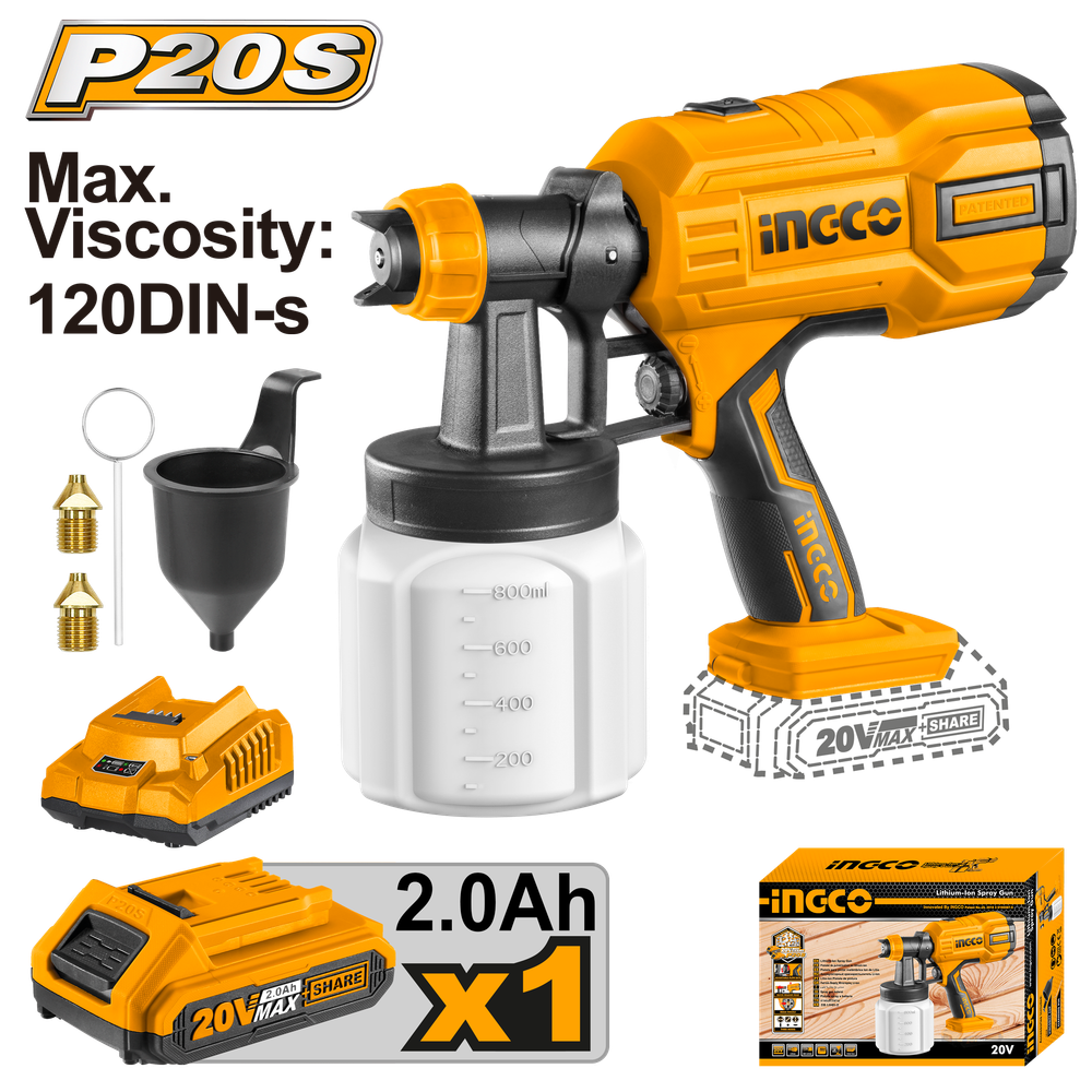 Краскораспылитель аккумуляторный 20 В INGCO CSGLI20406