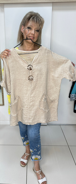 Льняная туника с 2-мя большими пуговками и кармашками