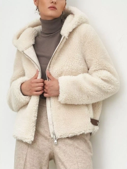 Искусственная шуба с капюшоном, жемчужная, Северина