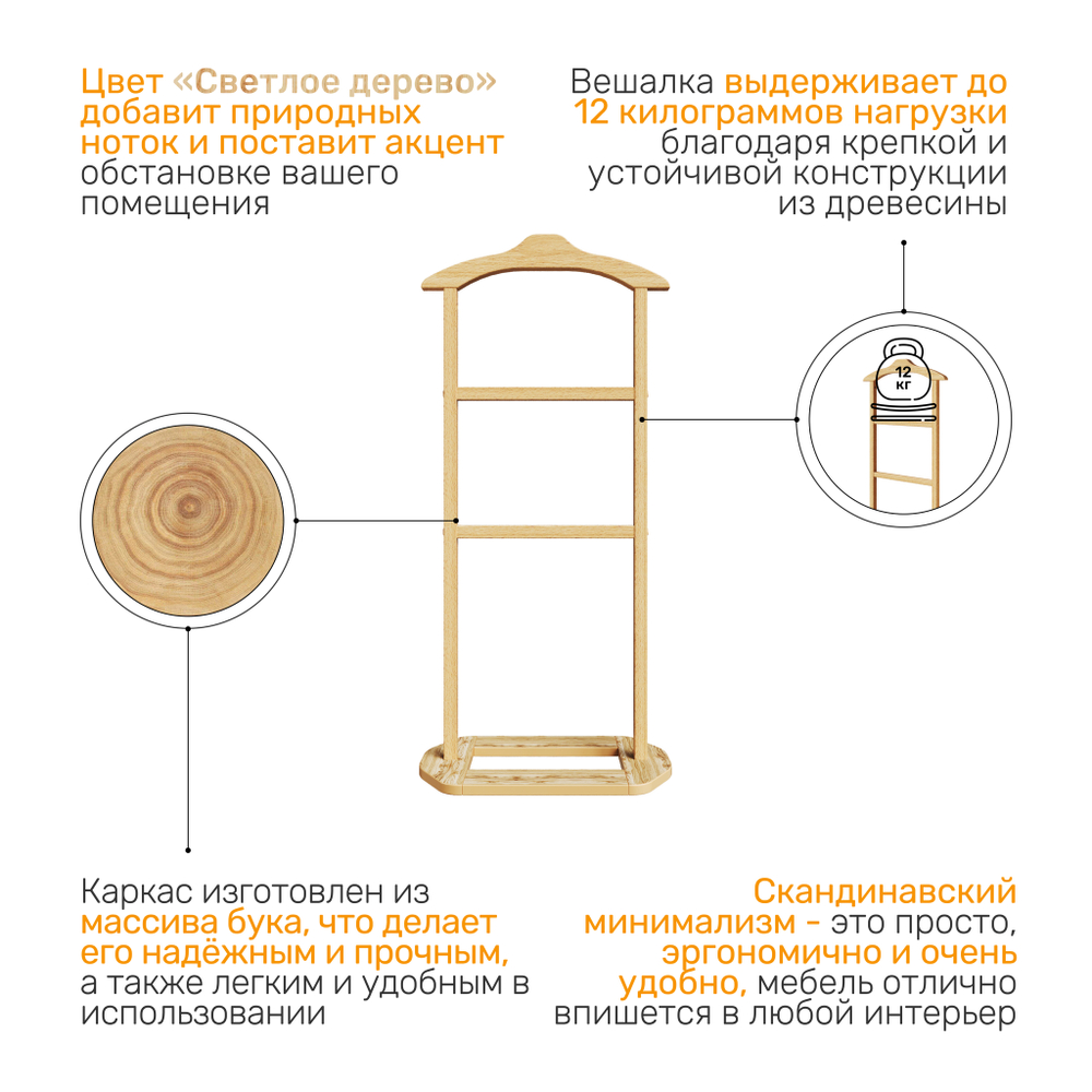 Вешалка деревянная CIRTA 1, цвет светлое дерево