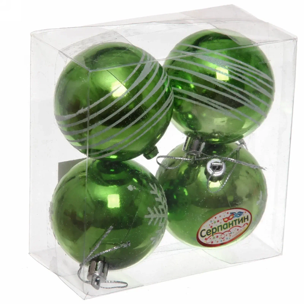 Новогодние шары 6 см (набор 4 шт) «Снежные нити», салатовый/белый
