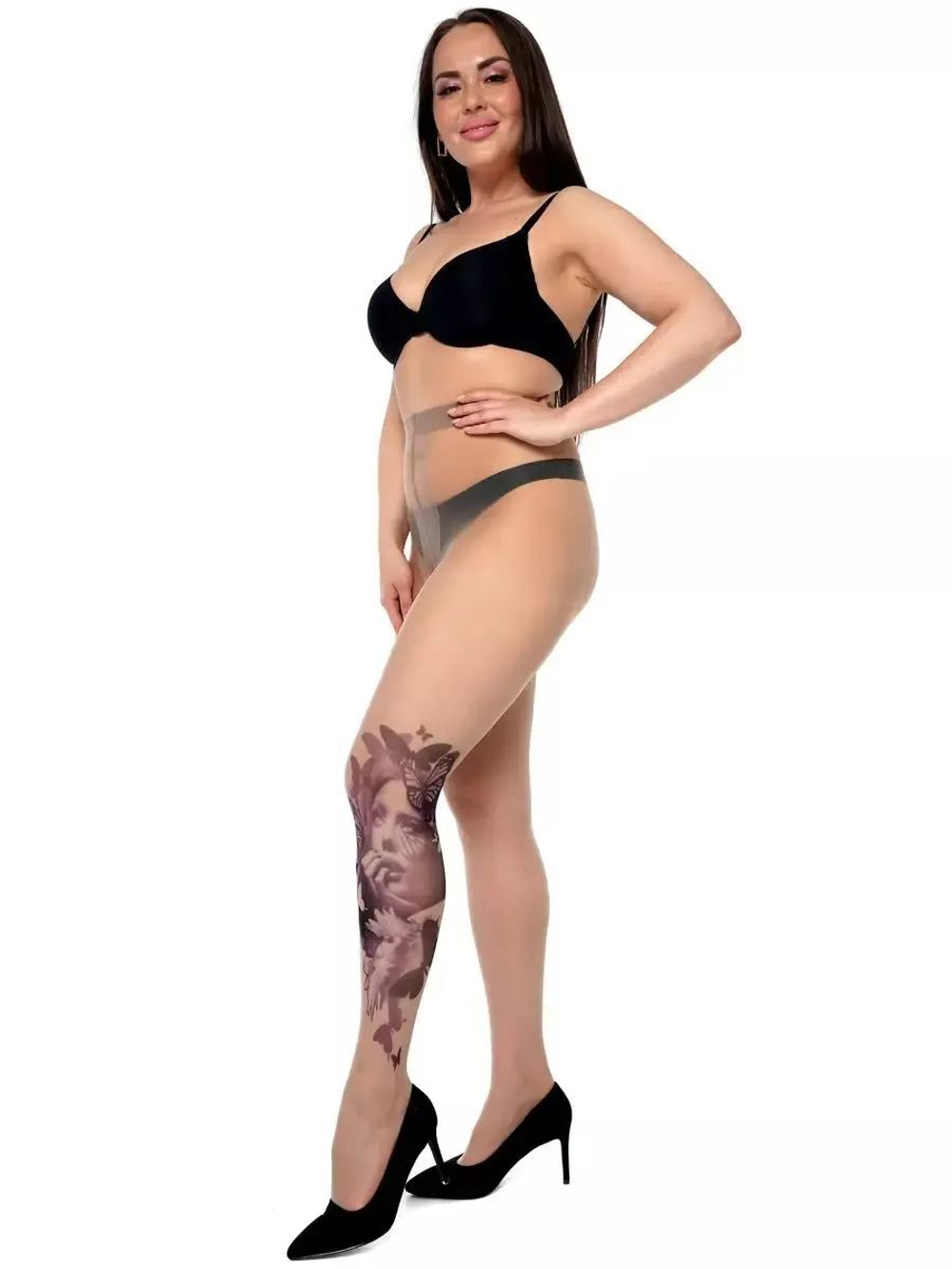 Колготки plus size с женственным принтом на левой ножке (Размер: XL-XXL-XXXL) (Цвет: бежевый)
