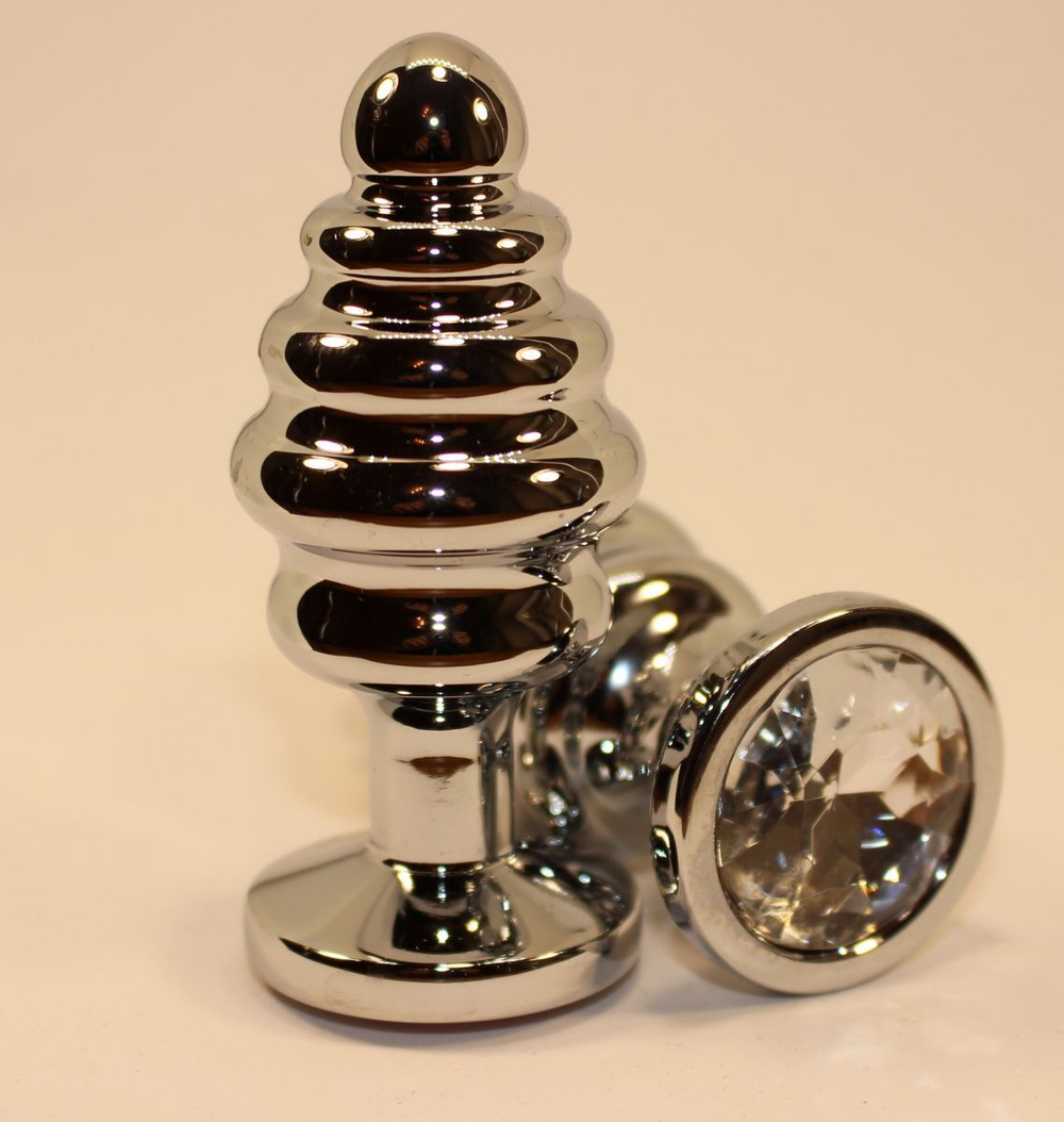 Серебристая рифленая пробка с прозрачным кристаллом - 9 см. (Цвет: прозрачный)