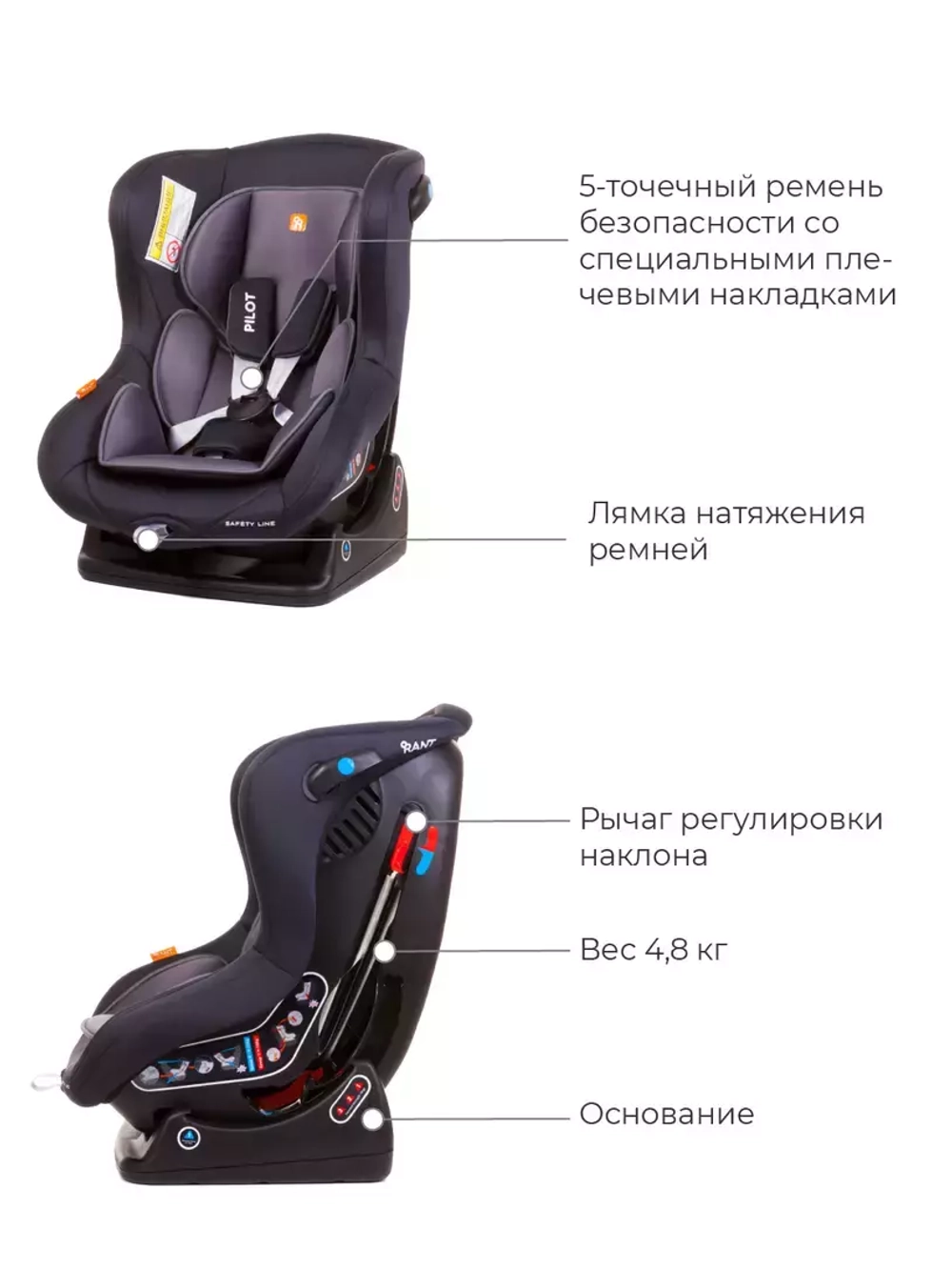 Автокресло Rant LB-777 "Pilot" Safety line (Lunar Black) группа 0-1 (0-18 кг)