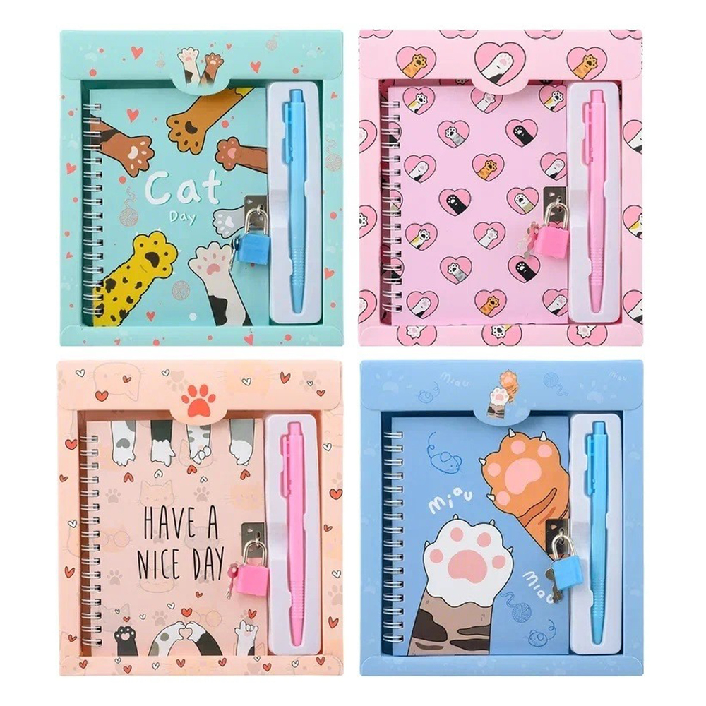 Блокнот детский Basir на замке, с ручкой, формат А6, серия "Кошкины лапки", переплет 7БЦ, 15*11 см, 48 листов, 4 цвета ассорти